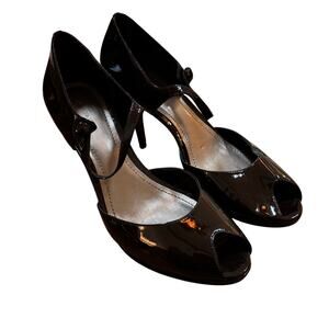 Ann Taylor dark brown/black patent leather platform high heel peep toe shoes 8M